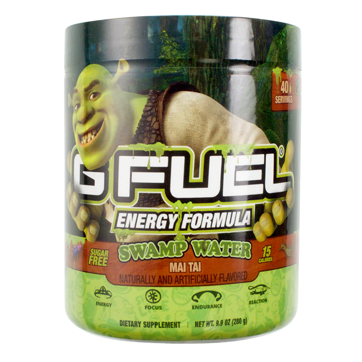 Close-up of the G FUEL Shrek “Swamp Water” energy formula tub featuring Shrek artwork, green slime-style branding, mai tai flavor text, and sugar-free labeling with 40 servings.