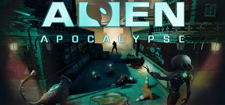 Sci-fi scene showing aliens and human survivors facing off in a ruined city street illuminated by blue-green lighting. The title "Alien Apocalypse" appears above the action. Featured for Steam Next Fest June 2026.