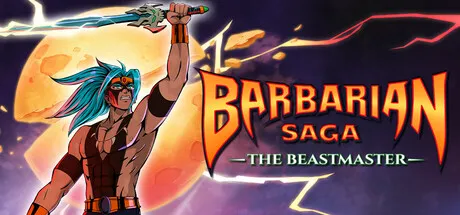 Fantasy artwork of a warrior raising a glowing sword toward the sky with large moons behind him. The title "Barbarian Saga: The Beastmaster" appears beside the character.