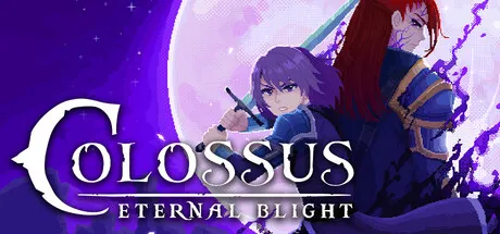 Anime-inspired fantasy artwork featuring two characters posed before a glowing moon in purple tones. The title "Colossus: Eternal Blight" is displayed across the image.