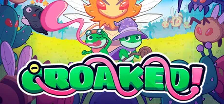 Bright cartoon artwork featuring a frog adventurer surrounded by colorful creatures and fantasy plants. The title "Croaked!" appears in large green letters.