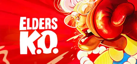 Bright red party game artwork featuring an elderly character throwing a punch with exaggerated cartoon effects. The title "Elders K.O." is displayed in large white text. Featured for Steam Next Fest June 2026.