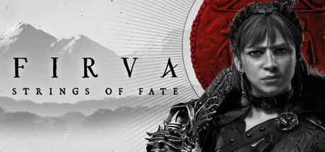 Promotional artwork showing a grim armored woman standing before a red circular backdrop with mountains in the distance. The title "Firva: Strings of Fate" appears across the image.