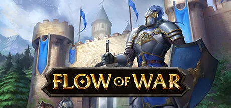 Fantasy strategy game artwork featuring a heavily armored knight holding a sword in front of a stone castle with blue banners. The title "Flow Of War" is displayed at the bottom. Featured for Steam Next Fest June 2026.