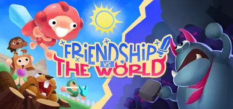 Bright cartoon artwork showing friendly heroes on one side and monstrous enemies on the other, separated by a lightning bolt. The title "Friendship vs The World" appears in the center. Featured for Steam Next Fest June 2026.