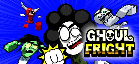 Cartoon horror-themed artwork featuring stylized monsters, ghosts, and a central character throwing a punch. The title "Ghoul Fright" is displayed on a blue background.