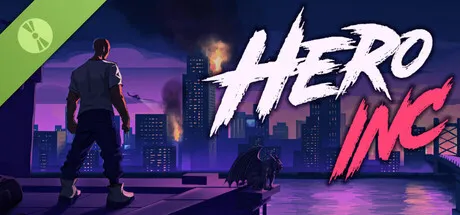 A lone figure overlooking a city skyline at dusk while a large cat-like companion stands nearby. The title "HeroInc" appears in bold white and pink text. Featured for Steam Next Fest June 2026.
