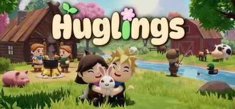 Cozy farming village scene showing cheerful characters hugging a small white creature while animals and cottages fill the background. The title "Huglings" appears above. Featured for Steam Next Fest June 2026.