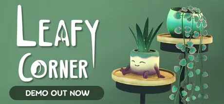Cozy plant shop artwork featuring smiling potted plants displayed on shelves against a soft green background. The title "Leafy Corner" appears on the left. Featured for Steam Next Fest June 2026.