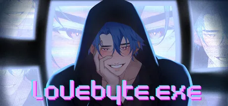 Anime-inspired artwork featuring a blue-haired character in a dark hoodie smiling while seated in front of multiple glowing screens displaying different faces. The title "lovebyte.exe" appears in pixel-style neon text across the bottom, emphasizing the game's digital chat and online dating theme. Featured for Steam Next Fest June 2026.