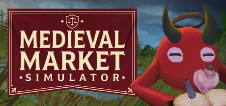 Fantasy market-themed artwork featuring a red horned creature holding food beside a medieval-style sign. The title "Medieval Market Simulator" appears prominently. Featured for Steam Next Fest June 2026.