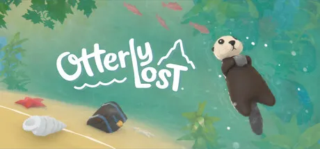 Illustrated sea otter floating underwater near a discarded backpack and seashell on the riverbed. The title "Otterly Lost" appears on the left.