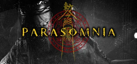 Dark monochrome horror artwork featuring a shadowy figure partially obscured by a red occult symbol. The title "Parasomnia" appears across the center.