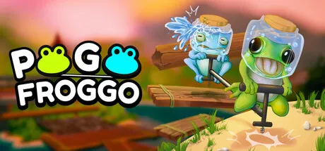 Two cartoon frogs balancing on pogo-like devices while crossing a colorful obstacle-filled environment. The title "Pogo Froggo" appears on the left. Featured for Steam Next Fest June 2026.