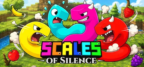 Colorful cartoon snakes facing off in a bright arena surrounded by fruit and playful scenery. The title "Scales of Silence" appears in bold letters at the center. Featured for Steam Next Fest June 2026.