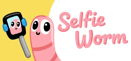 Cute cartoon worm posing beside a smartphone mounted on a selfie stick against a simple pastel background. The title "Selfie Worm" appears in pink lettering. Featured for Steam Next Fest June 2026.