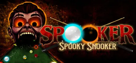 Horror-themed billiards artwork featuring a creepy ventriloquist dummy with glowing eyes looming over a pool table. The title "Spooker: Spooky Snooker" appears across the center.