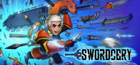 Animated fantasy hero wielding glowing weapons while magical swords and equipment fly through the air around them. The title "Swordcery" appears at the bottom.