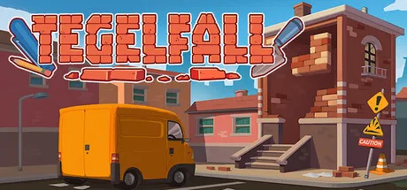 Stylized city street scene featuring a yellow delivery van parked beside partially constructed brick buildings. The title "Tegelfall" appears across the top. Featured for Steam Next Fest June 2026.