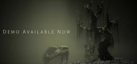 Dark horror scene featuring a lone figure and a wolf-like creature standing among twisted trees and hanging debris. Text on the image reads "Demo Available Now."