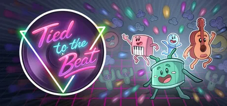 Neon music-themed artwork featuring smiling instruments and musical characters dancing beneath a glowing "Tied to the Beat" sign.