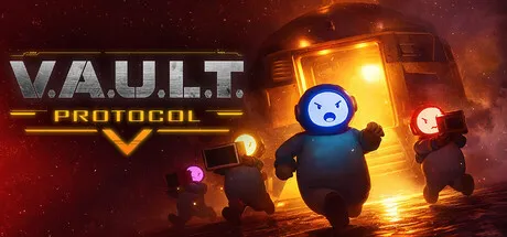 Cartoon astronauts running from a glowing vault doorway in a sci-fi environment. The title "V.A.U.L.T Protocol" appears on the left side of the image.