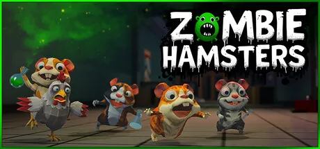 Cartoon zombie hamsters and an infected chicken running through a laboratory environment while the title "Zombie Hamsters" appears above them. Featured for Steam Next Fest June 2026.