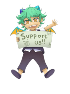 All Ages of Geek mascot holding a Support Us sign